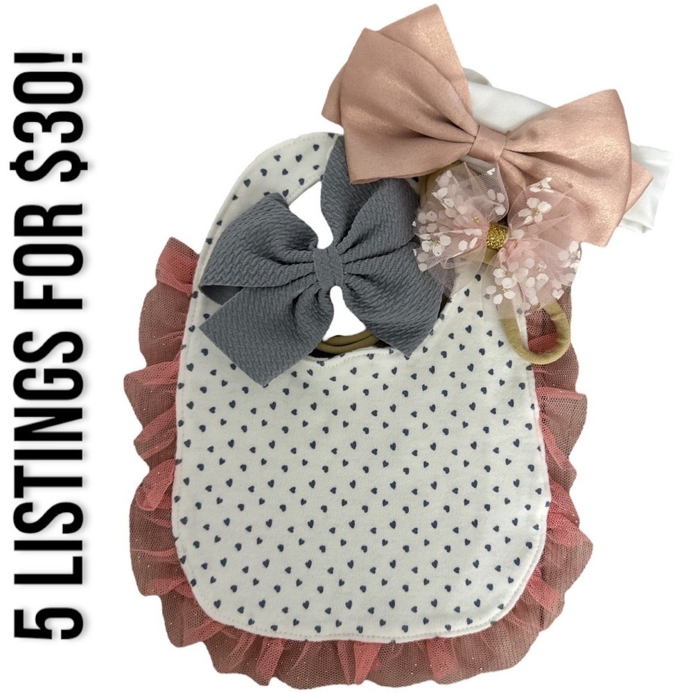Nicole Miller bib, 2 pink boutique hair pieces, and grayish hairpiece baby girl